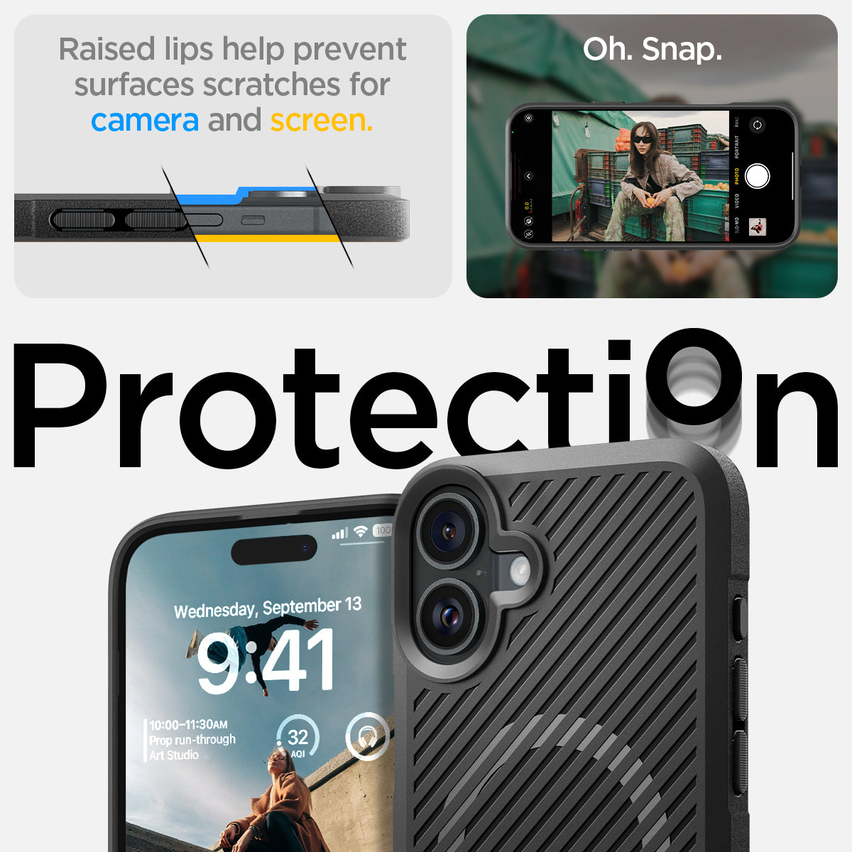 ACS08091 - iPhone 16 Plus Case Core Armor (MagFit) in Matte Black showing the raised lips help prevent surfaces scratches for camera and screen