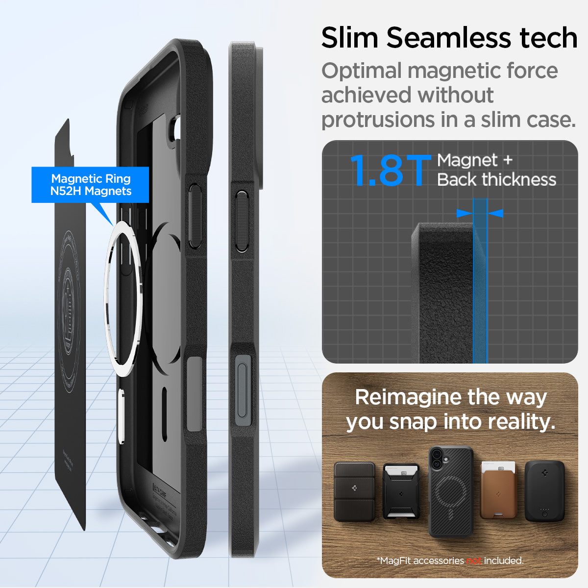 ACS08091 - iPhone 16 Plus Case Core Armor (MagFit) in Matte Black showing the Magnet Ring N52H Magnets. 1.8T Magnet + Back thickness. Slim Seamless tech, optimal magnetic force achieved without protrusions in a slim case