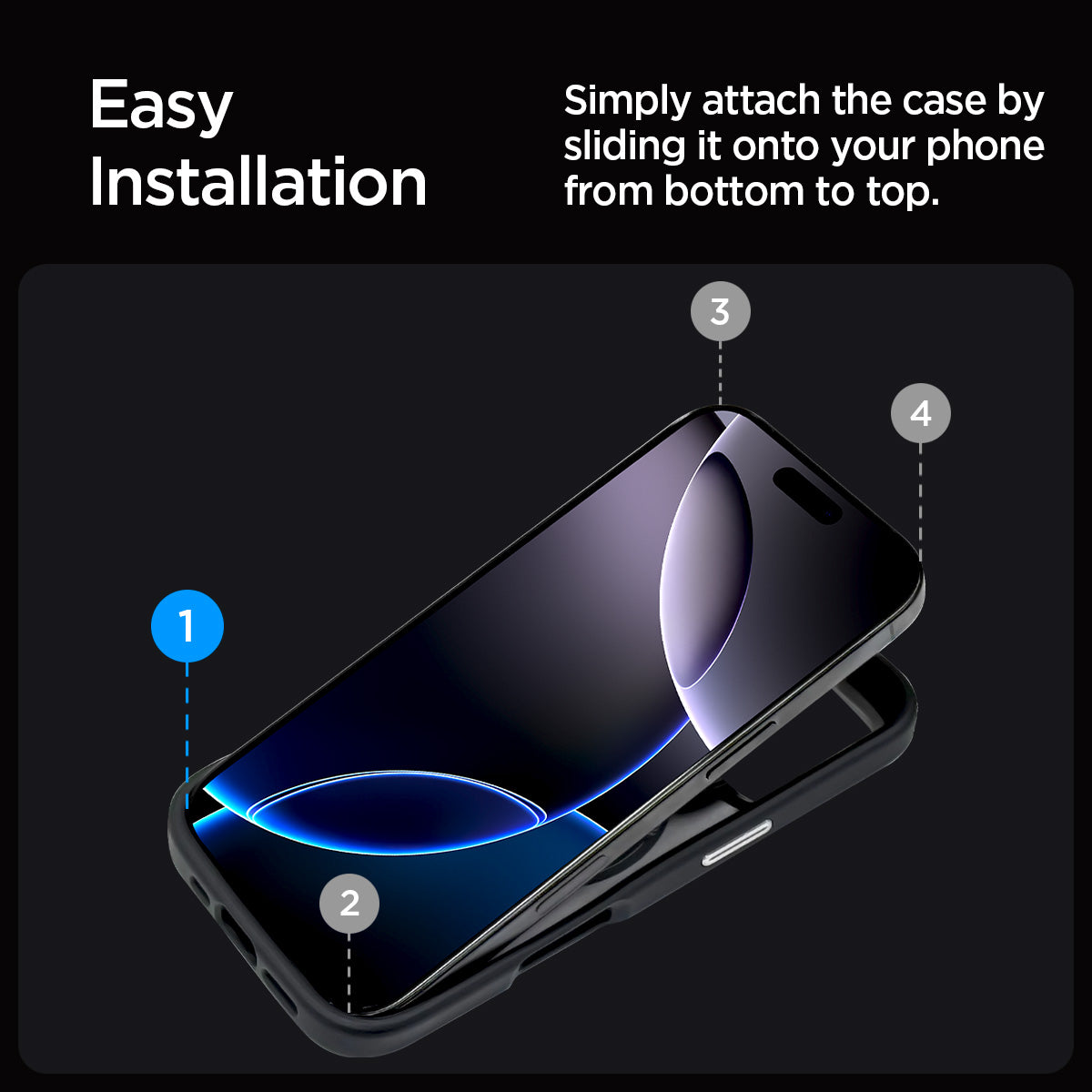 ACS08151 - iPhone 16 Pro Case Enzo Aramid in Black Silver easy installation. Simply attach the case by sliding it onto your phone from bottom to top.