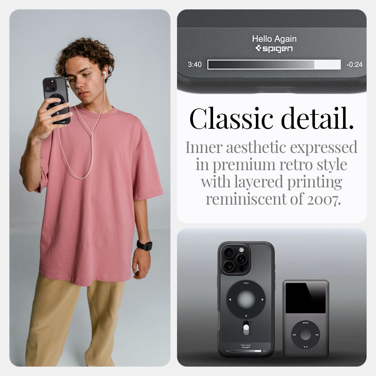ACS08384 - iPhone 16 Pro Case Ultra Hybrid Classic (MagFit) in Classic Black classic detail. Inner aesthetic expressed in premium retro style with layered printing reminiscent of 2007.