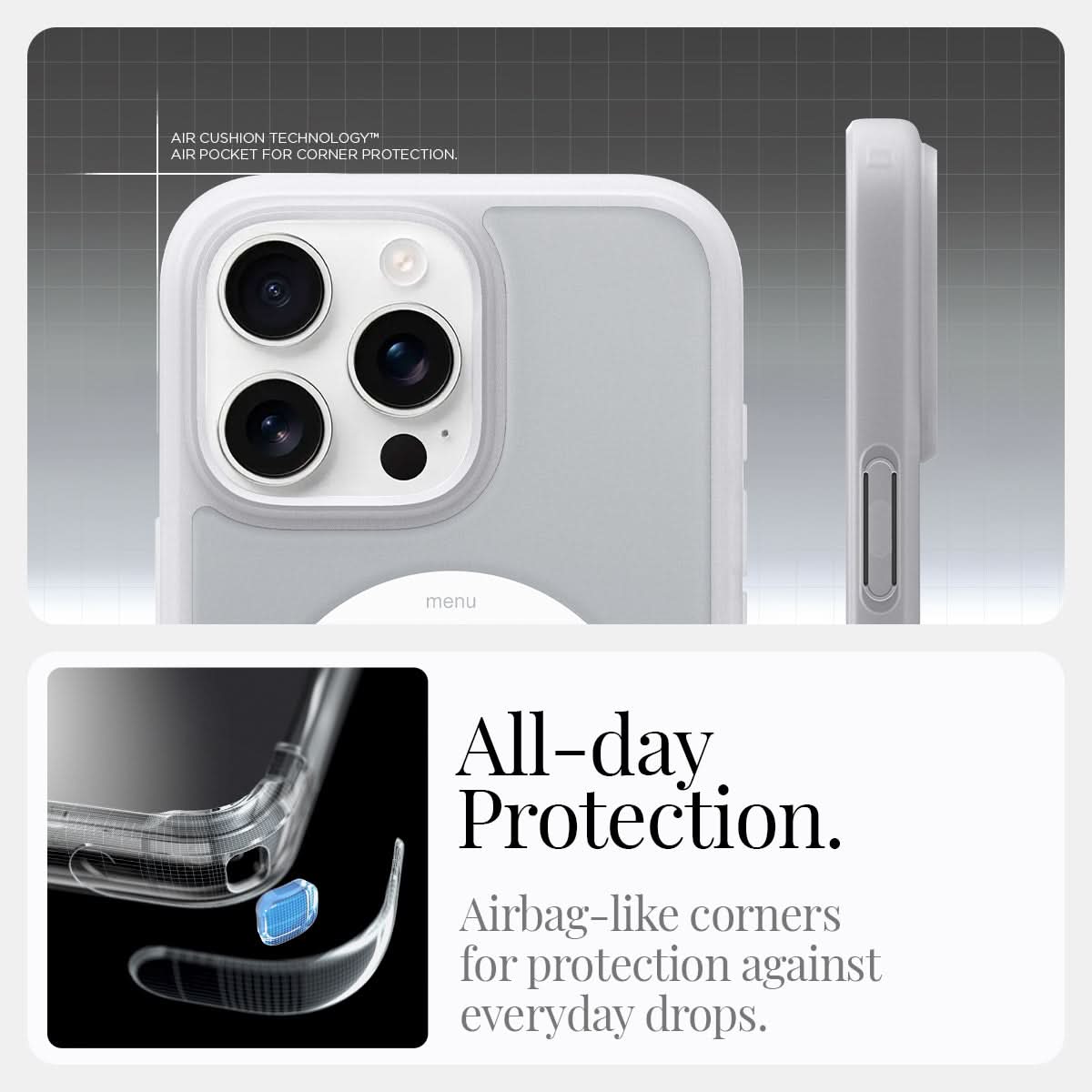 ACS08139 - iPhone 16 Pro Case Ultra Hybrid Classic (MagFit) in Classic Silver all day protection. Airbag like corners for protection against everyday drops.