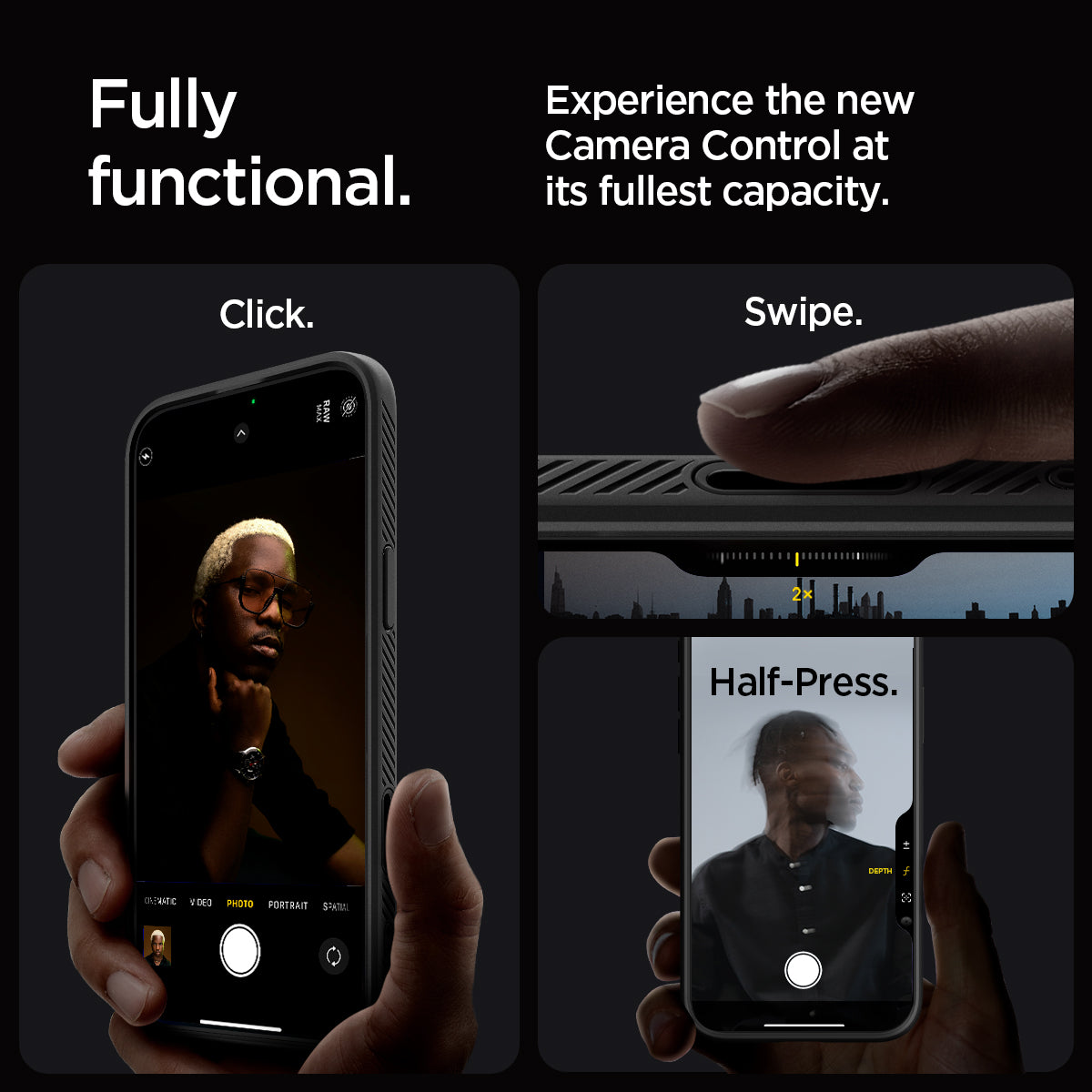 ACS09114 - iPhone 16 Pro Max Case Liquid Air T (MagFit + Camera Control) in Matte Black showing the full function. Experience the new Camera Control at its fullest capacity just click and swipe