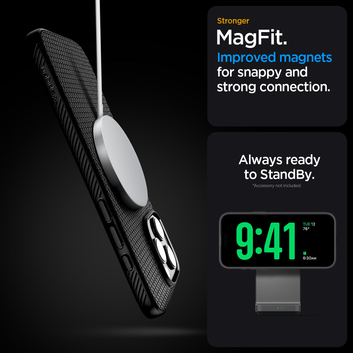 ACS09114 - iPhone 16 Pro Max Case Liquid Air T (MagFit + Camera Control) in Matte Black showing the Stronger MagFit. Improved magnets for snappy and strong connection. Always ready to StandBy