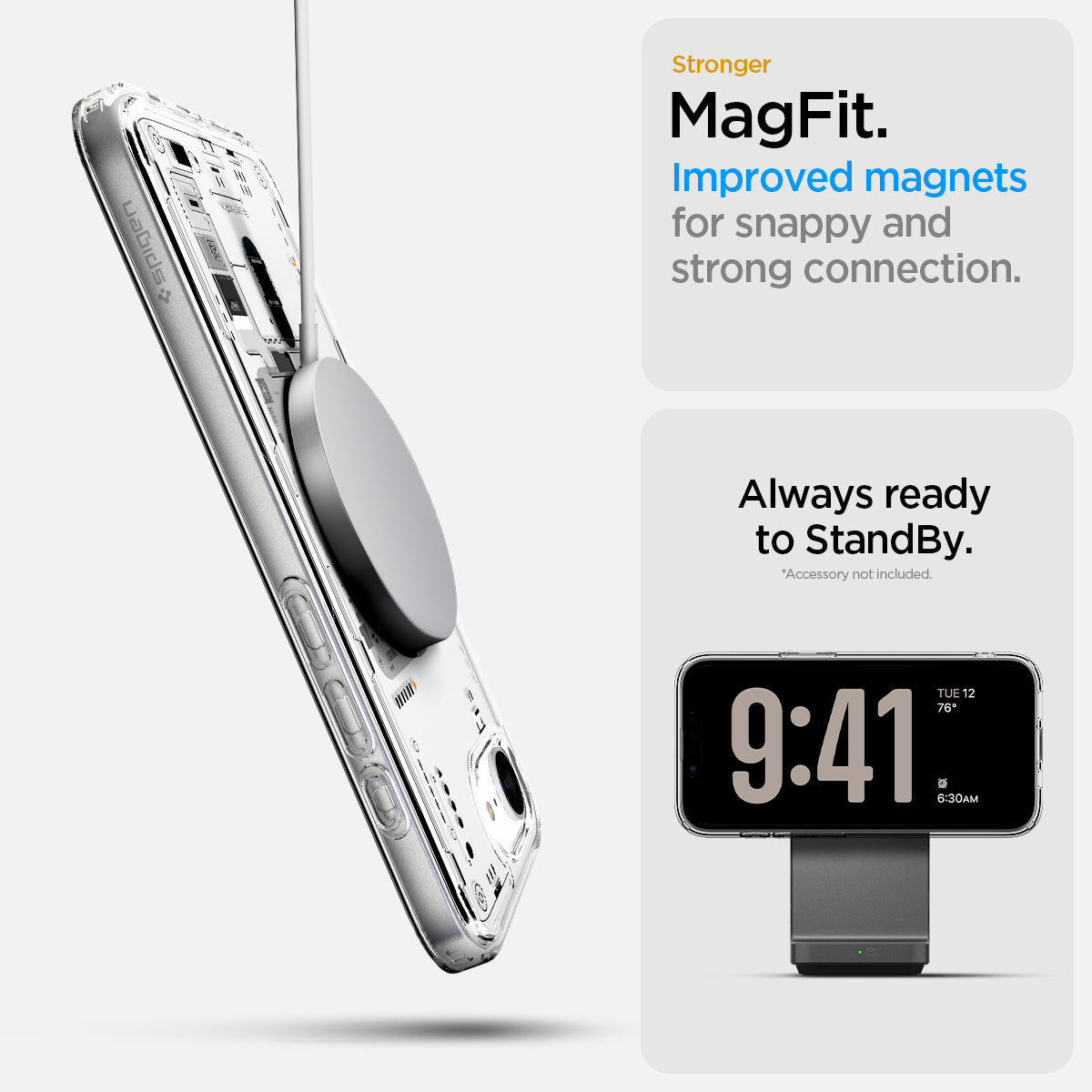 ACS09143 - iPhone 16e Case Ultra Hybrid Neo One (MagFit) in Neo One showing the stronger MagFit. Improved magnets for snappy and strong connection, always ready to StandBy