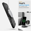 ACS09153 - iPhone 16e Case Enzo Aramid in Matte Black showing the Stronger MagFit. Improved magnets for snappy and strong connection