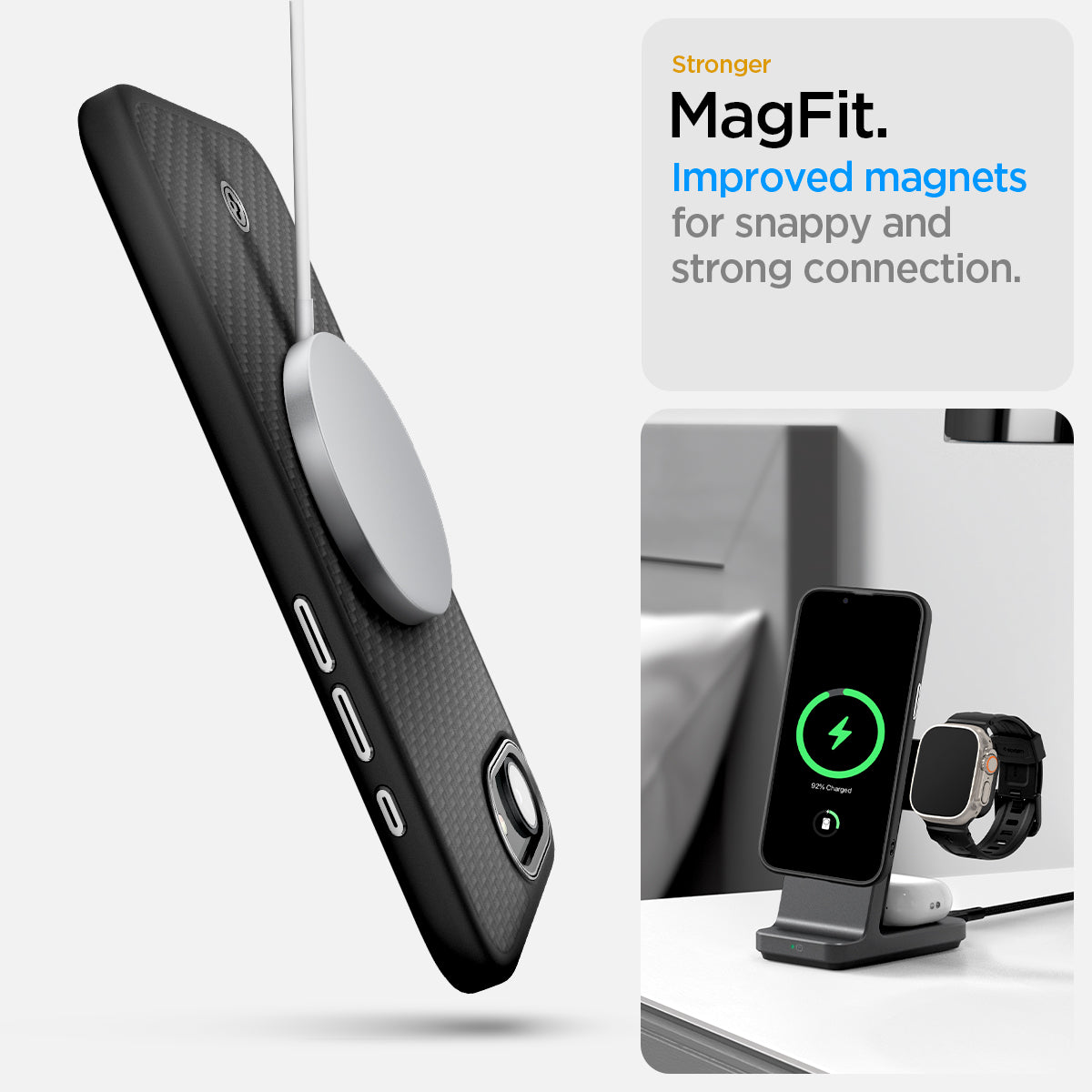 ACS09153 - iPhone 16e Case Enzo Aramid in Matte Black showing the Stronger MagFit. Improved magnets for snappy and strong connection