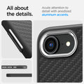 ACS09153 - iPhone 16e Case Enzo Aramid in Matte Black showing all about the details. Acute attention t detail with anodized aluminum accents