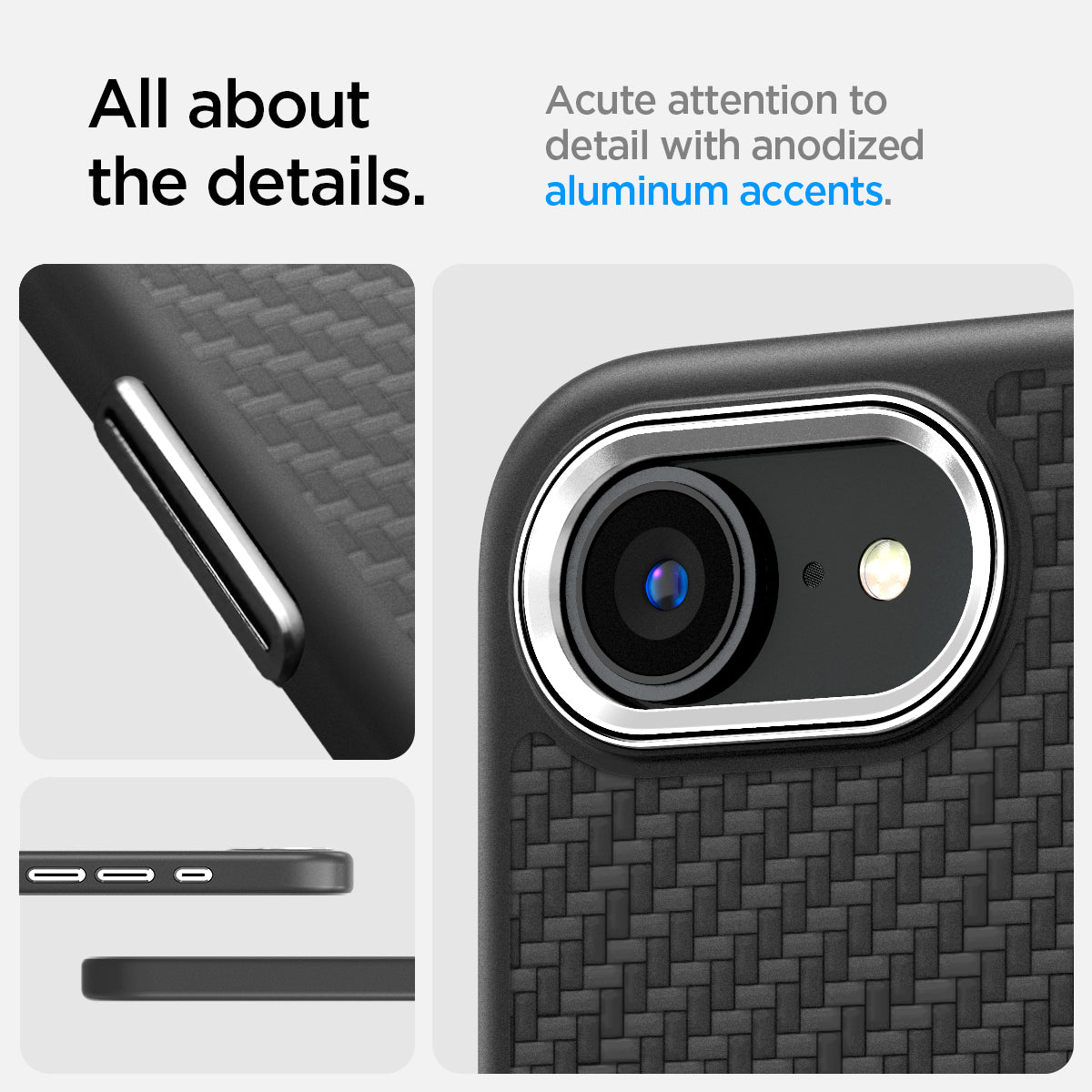 ACS09153 - iPhone 16e Case Enzo Aramid in Matte Black showing all about the details. Acute attention t detail with anodized aluminum accents
