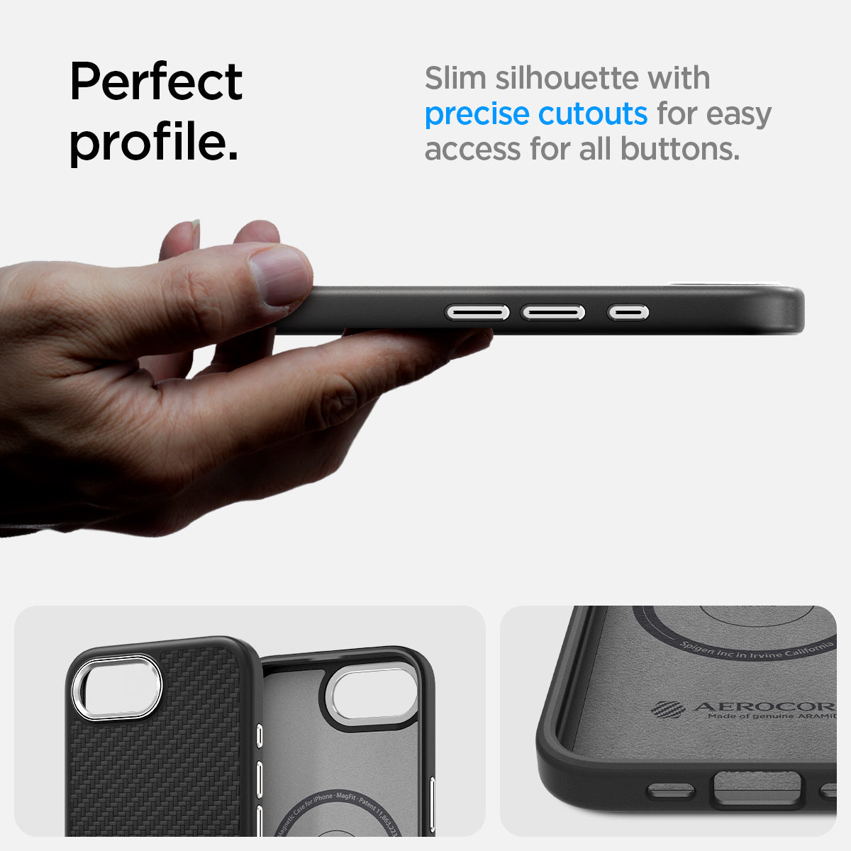 ACS09153 - iPhone 16e Case Enzo Aramid in Matte Black showing the perfect profile. Slim silhouette with precise cutouts for easy access for all buttons