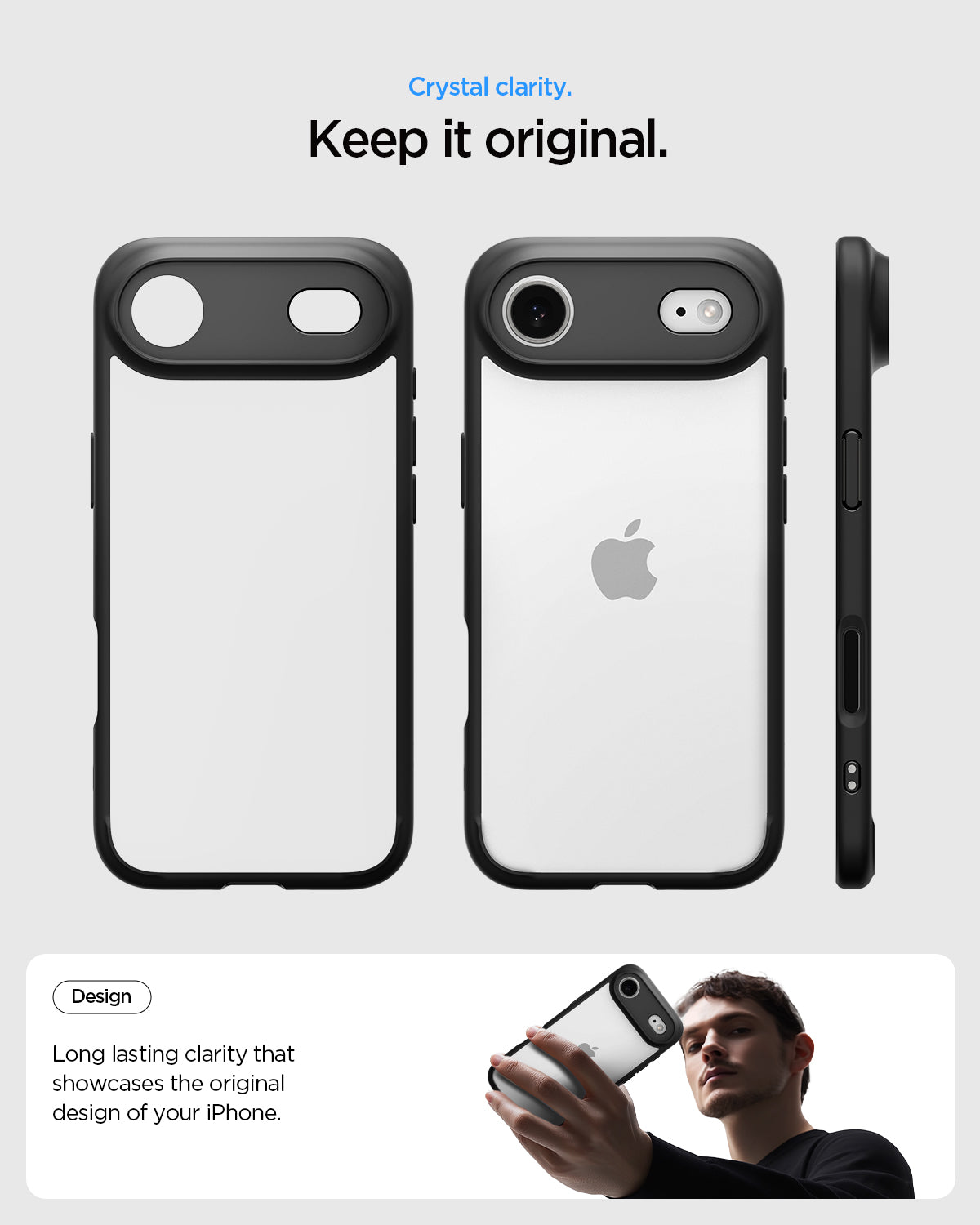 ACS10050 - iPhone 17 Air Ultra Hybrid in Matte Black showing crystal clarity. Keep it original. Long lasting clarity that showcases the original design of your iPhone