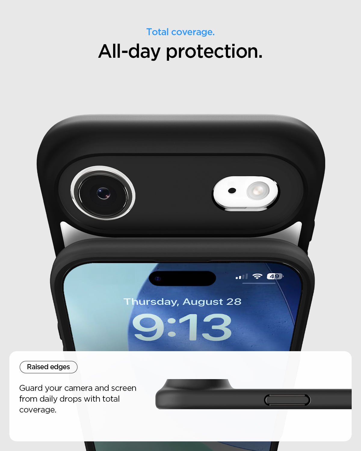 ACS10050 - iPhone 17 Air Ultra Hybrid in Matte Black showing total coverage. All day protection. Raised edges. Guard your camera and screen from daily drops with total coverage.
