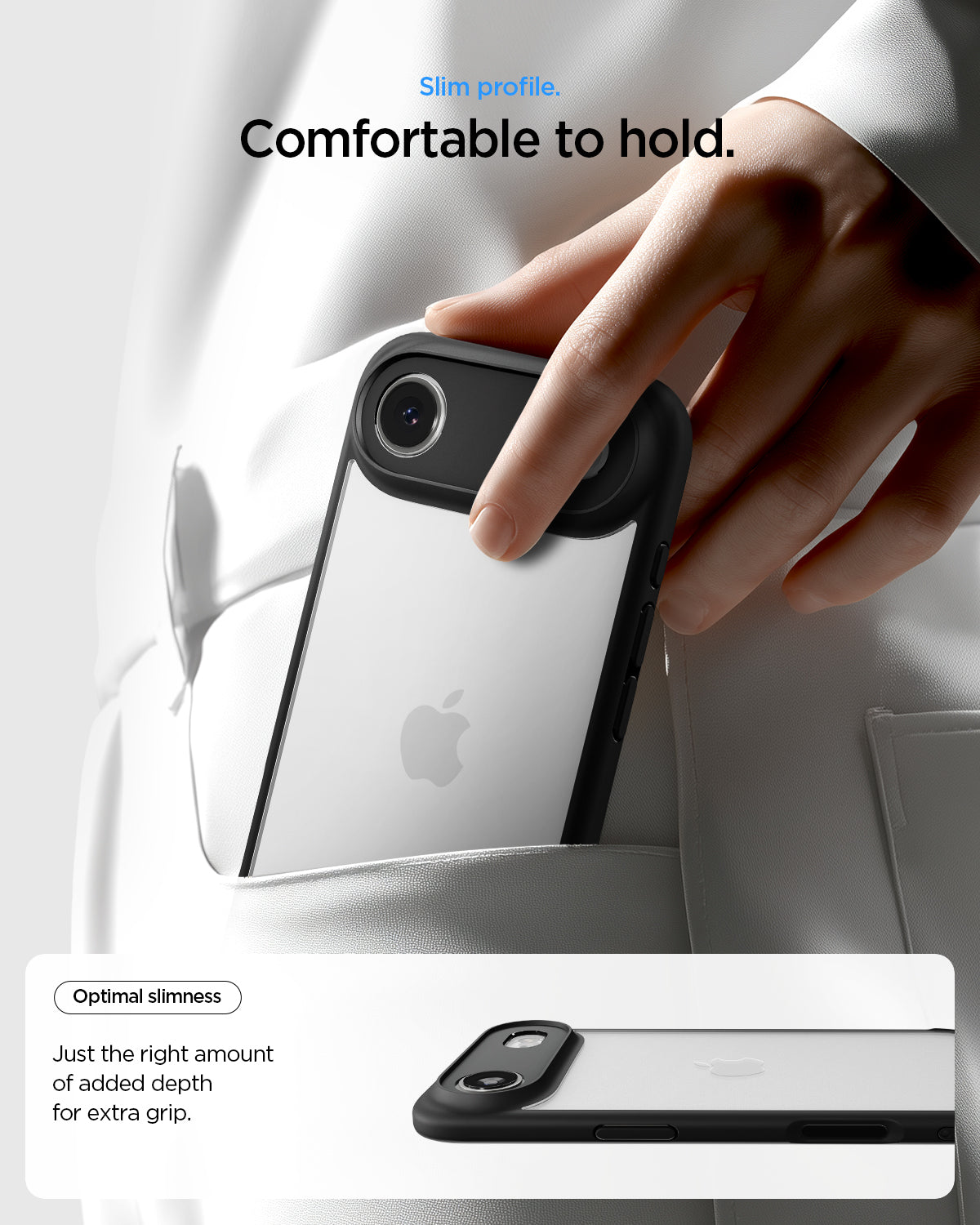 ACS10050 - iPhone 17 Air Ultra Hybrid in Matte Black showing slim profile. Comfortable to hold. Optimal slimness just the right amount of added depth for extra grip.