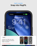 ACS10054 - iPhone 17 Air Ultra Hybrid (MagFit) in Frost Black showing magfit compatible. snap into magfit. upgrade your daily carry with magfit to unlock more with the spigen ecosystem.