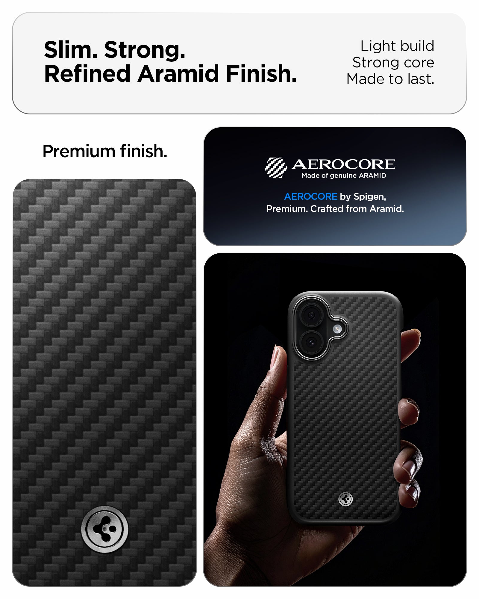 ACS09989 - iPhone 17 Case Enzo Aramid T in black showing the slim, strong and refined aramid finish. Light build, strong core and made to last.