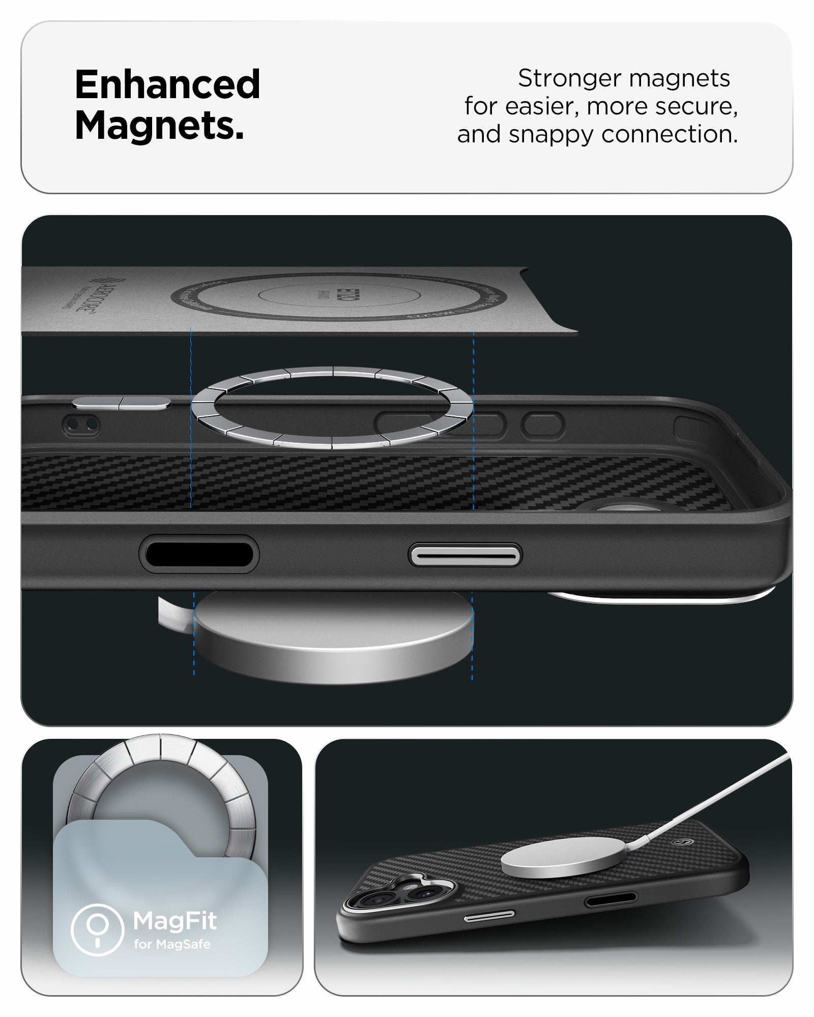 ACS09989 - iPhone 17 Case Enzo Aramid T in black showing the enhanced magnets. Stronger magnets for easier, more secure and snappy connection