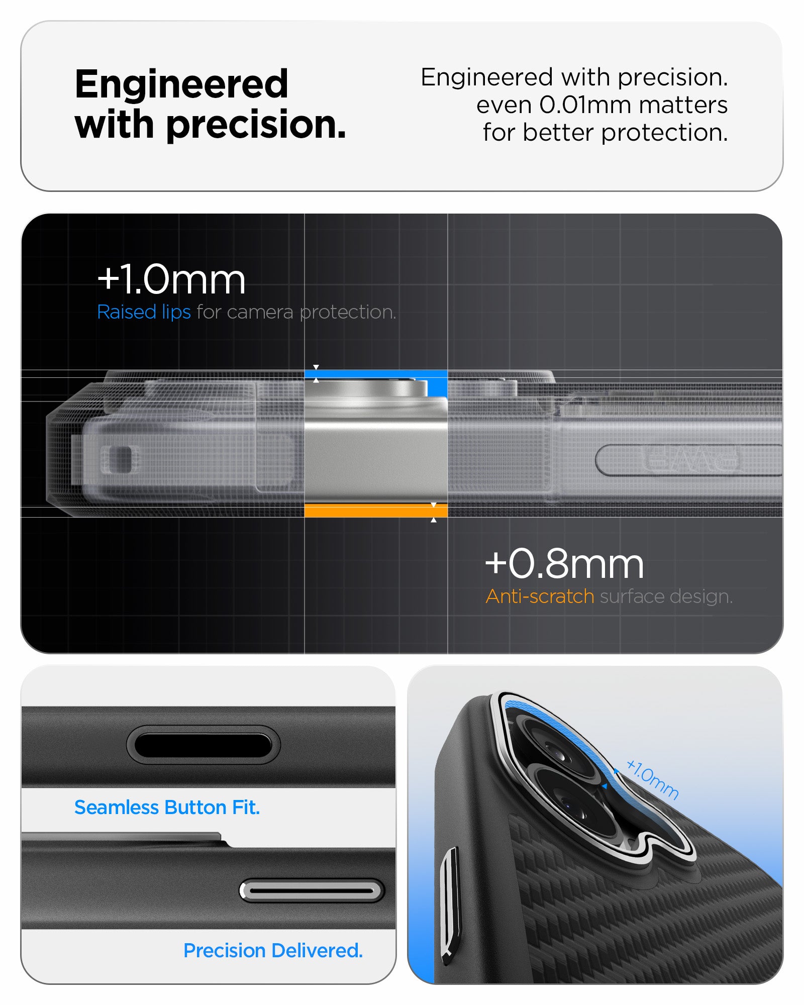 ACS09989 - iPhone 17 Case Enzo Aramid T in black showing the engineered with precision. Engineered with precision even 0.01mm matters for better protection
