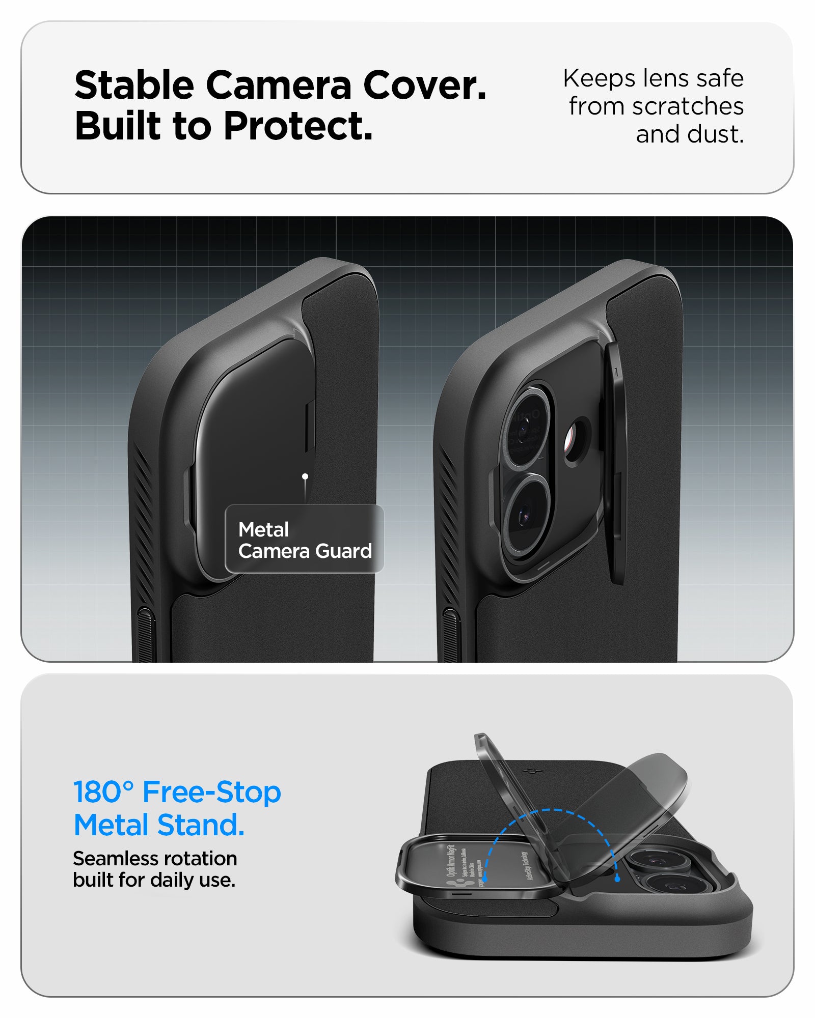 ACS09987 - iPhone 17 Series Case Optik Armor (MagFit) in black showing the stable camera cover that is built to protect. Keep lens safe from scratches and dust