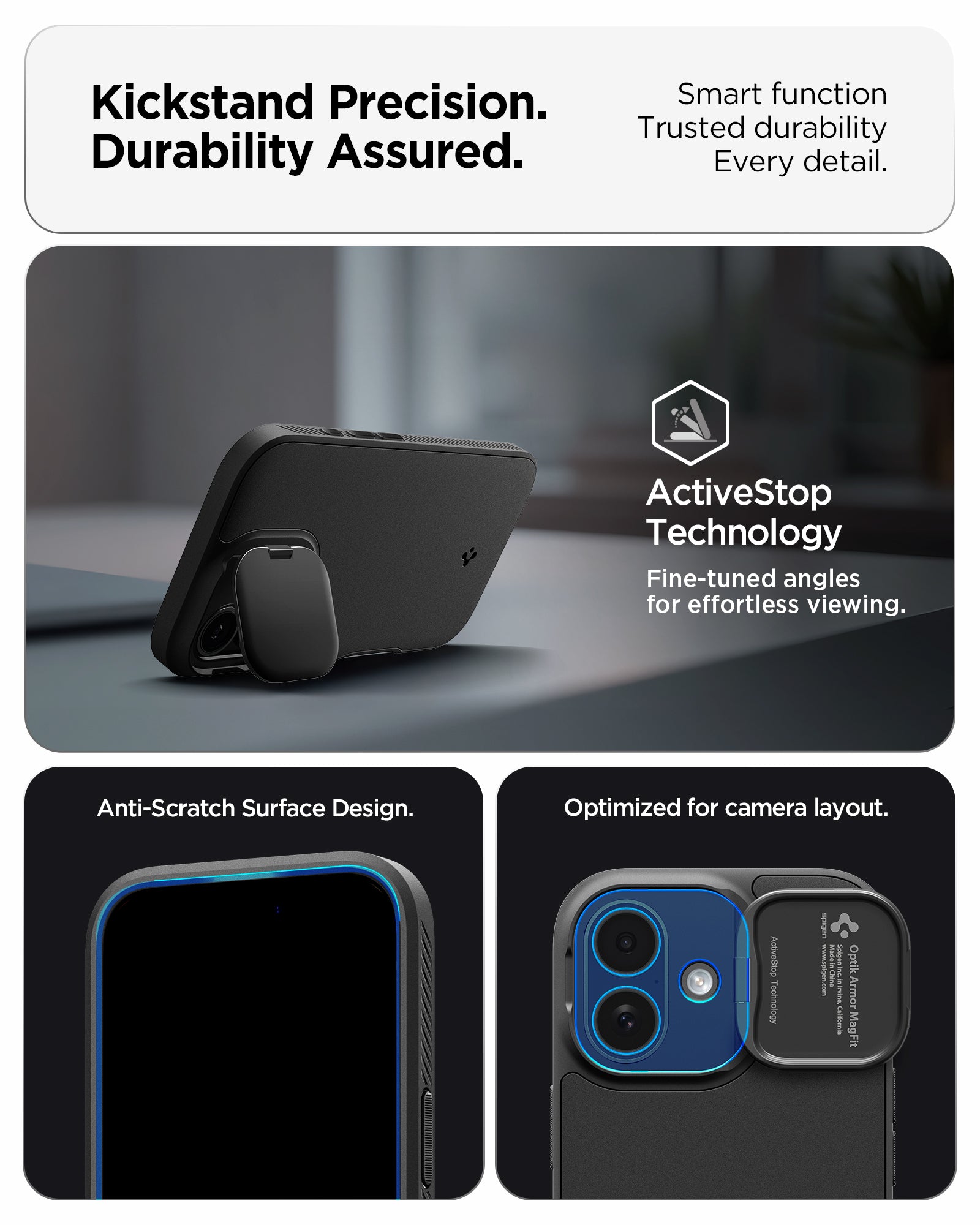 ACS09987 - iPhone 17 Series Case Optik Armor (MagFit) in black showing the kickstand precision. Durability assured. Smart function, trusted durability and every detail.