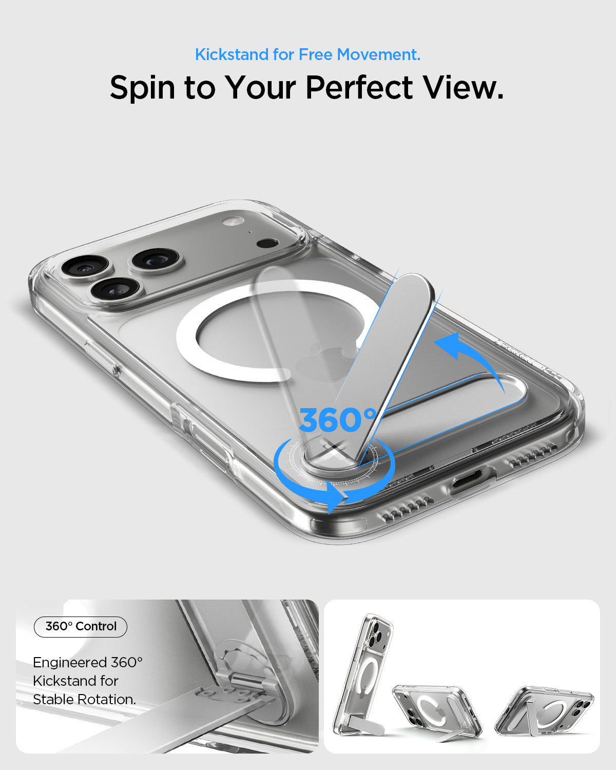 ACS12004 - iPhone 18 Pro Max / iPhone 17 Pro Max Slim Armor Essential S (Mag Fit) showing a 360-degree rotating kickstand for adjustable viewing angles.