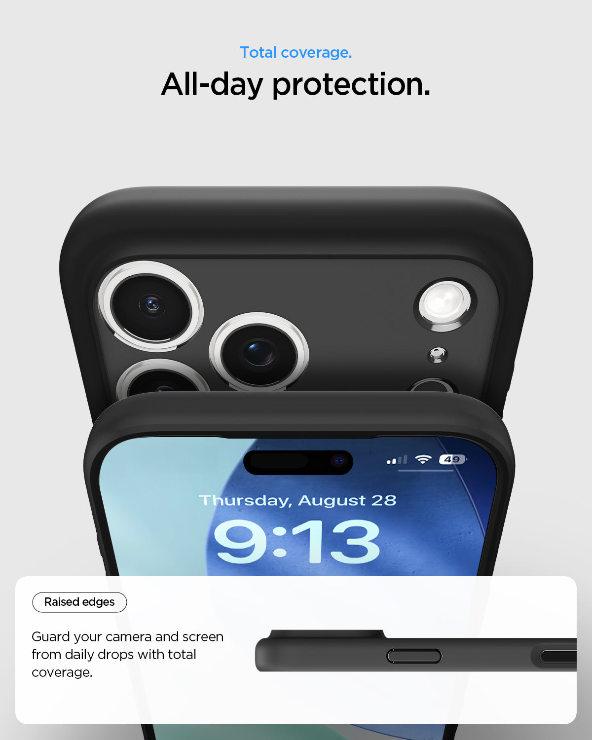 ACS10034 - iPhone 17 Pro Max Ultra Hybrid in Matte Black showing total coverage. All day protection. Raised edges. Guard your camera and screen from daily drops with total coverage.