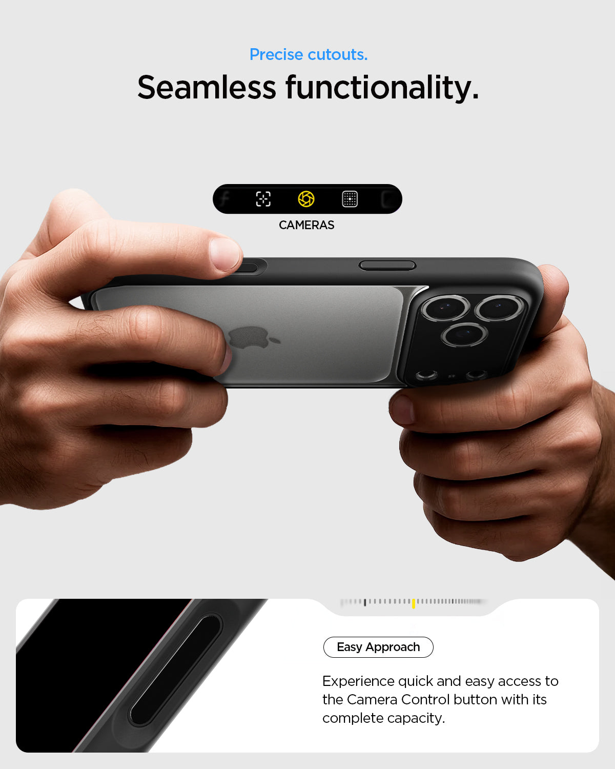 ACS10034 - iPhone 17 Pro Max Ultra Hybrid in Matte Black showing precise cutouts. Seamless functionality. Easy approach. Experience quick and easy access to the camera control button with its complete capacity.