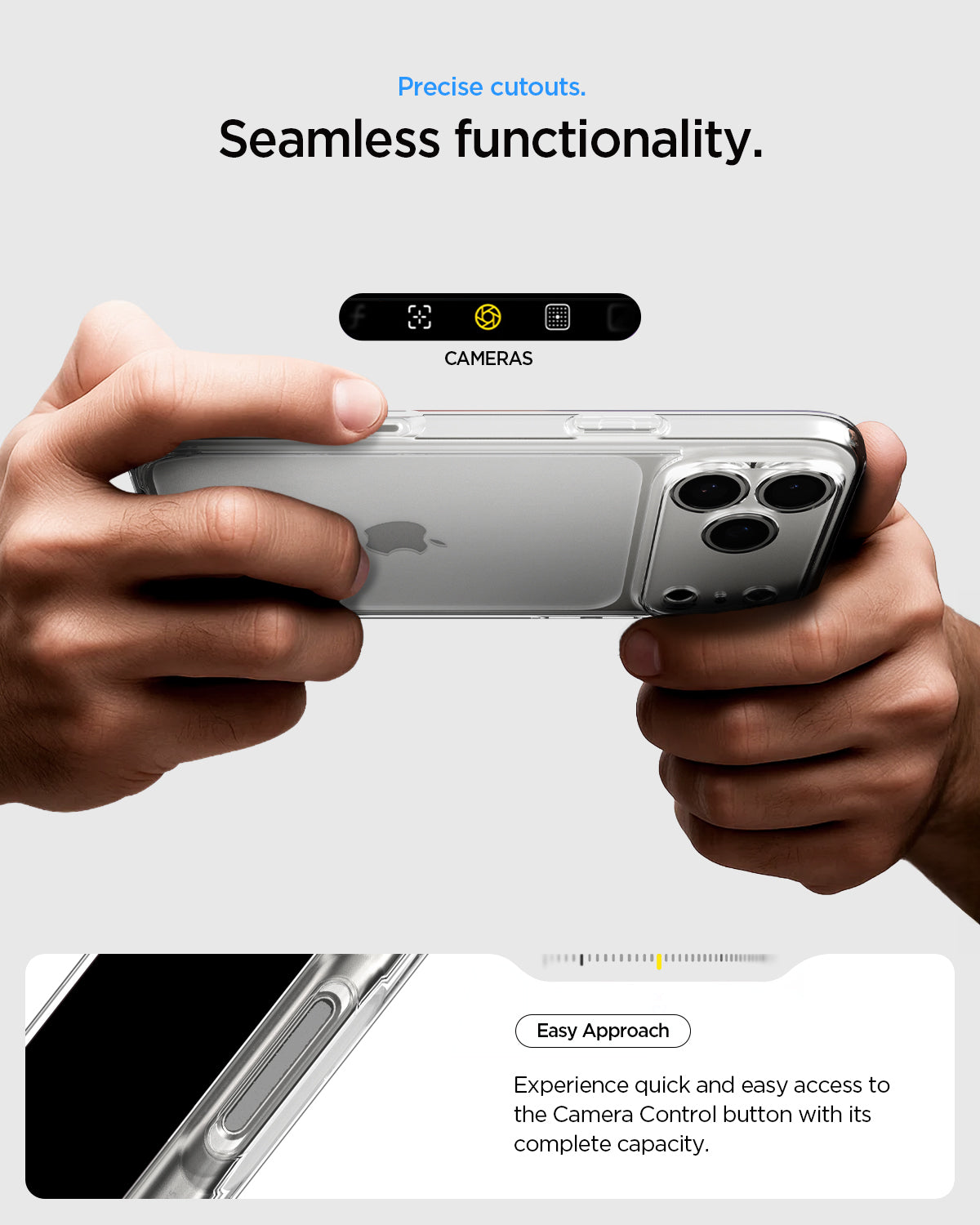 ACS10064 - iPhone 17 Pro Ultra Hybrid in Crystal Clear showing precise cutouts. Seamless functionality. Easy approach. Experience quick and easy access to the camera control button with its complete capacity.