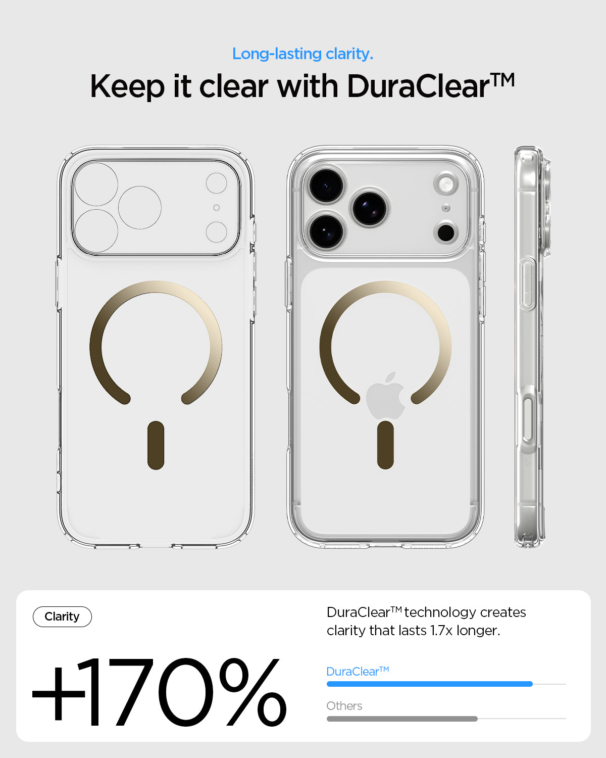 ACS10068 - iPhone 17 Pro Ultra Hybrid (MagFit) in Clear Gold showing long lasting clarity. keep it clear with duraclear.