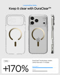 ACS10068 - iPhone 17 Pro Ultra Hybrid (MagFit) in Clear Gold showing long lasting clarity. keep it clear with duraclear.