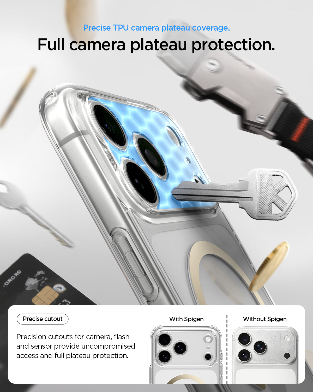 ACS10068 - iPhone 17 Pro Ultra Hybrid (MagFit) in Clear Gold showing precise TPU camera plateau coverage. full camera plateau protection.