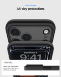 ACS10069 - iPhone 17 Pro Ultra Hybrid (MagFit) in Frost Black showing total coverage. all day protection. raised edges guard your camera and screen from daily drops with total coverage.