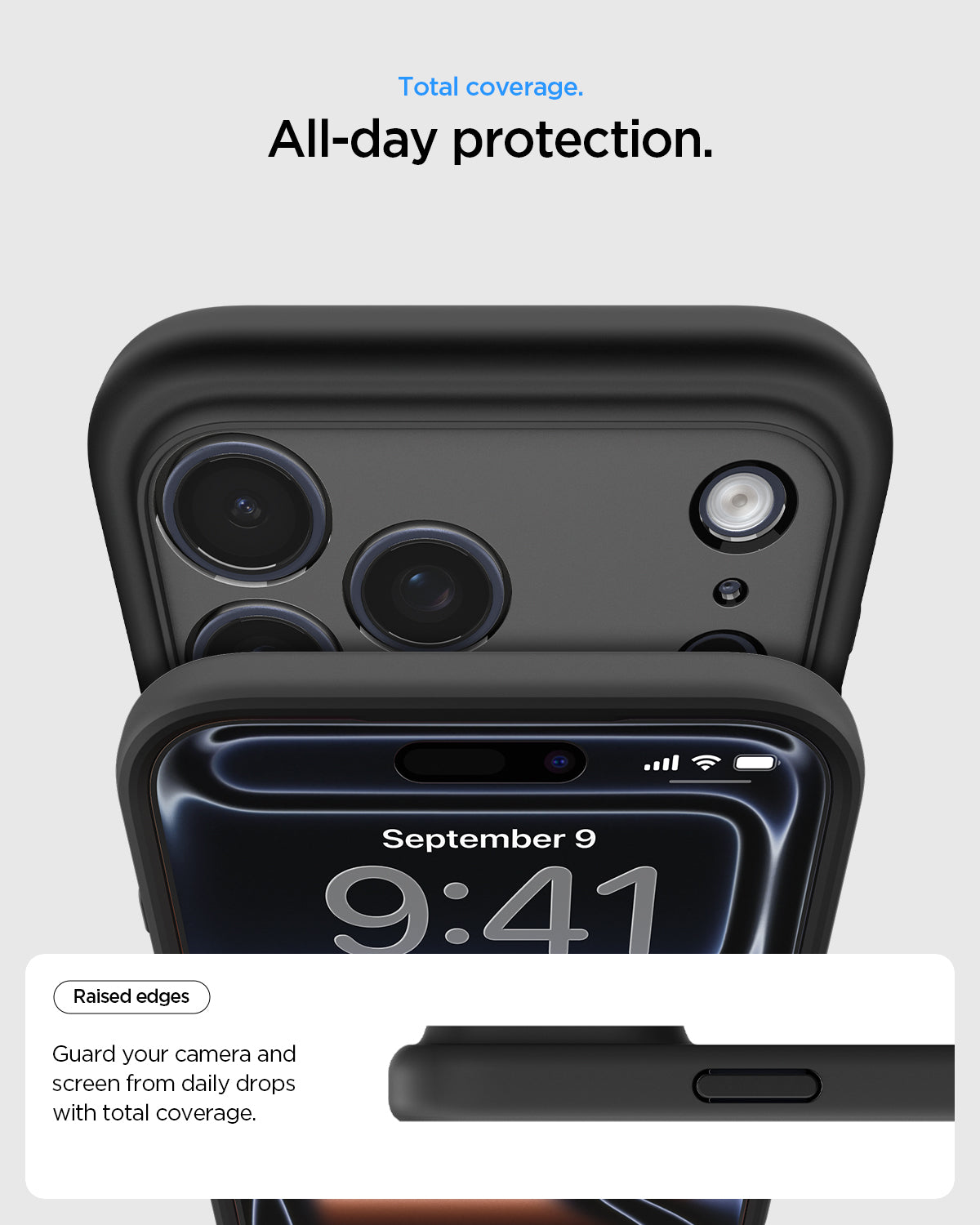 ACS10069 - iPhone 17 Pro Ultra Hybrid (MagFit) in Frost Black showing total coverage. all day protection. raised edges guard your camera and screen from daily drops with total coverage.