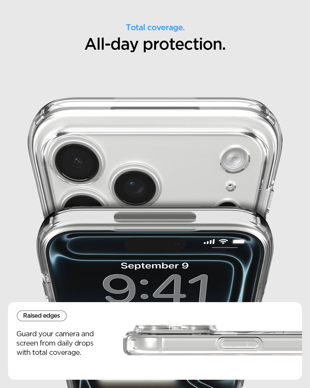 ACS10068 - iPhone 17 Pro Ultra Hybrid (MagFit) in Clear Gold showing total coverage. all day protection. raised edges guard your camera and screen from daily drops with total coverage.