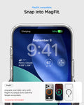 ACS10067 - iPhone 17 Pro Ultra Hybrid (MagFit) in Clear Graphite showing magfit compatible. snap into magfit. upgrade your daily carry with magfit to unlock more with the spigen ecosystem.