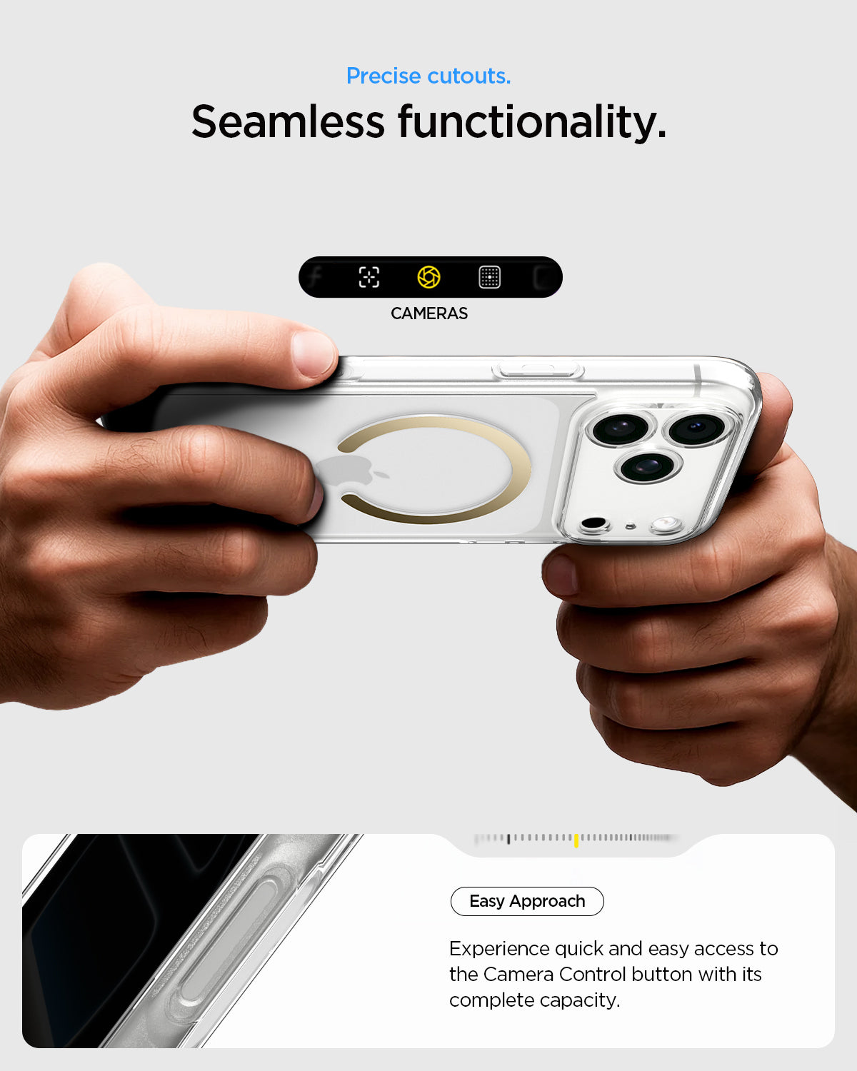 ACS10068 - iPhone 17 Pro Ultra Hybrid (MagFit) in Clear Gold showing precise cutouts. seamless functionality. easy approach. experience quick and easy access to the camera control button with its complete capacity.