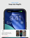 ACS10480 - iPhone 17 Pro Max Ultra Hybrid (MagFit) in Frost Black Orange showing magfit compatible. snap into magfit. upgrade your daily carry with magfit to unlock more with the spigen ecosystem.