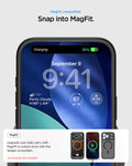 ACS10038 - iPhone 17 Pro Max Ultra Hybrid (MagFit) in Frost Black showing magfit compatible. snap into magfit. upgrade your daily carry with magfit to unlock more with the spigen ecosystem.