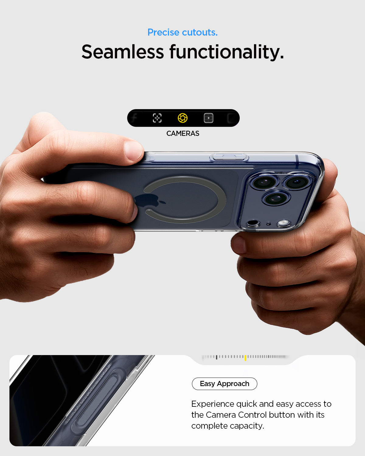 ACS10036 - iPhone 17 Pro Max Ultra Hybrid (MagFit) in Clear Graphite showing precise cutouts. seamless functionality. easy approach. experience quick and easy access to the camera control button with its complete capacity.