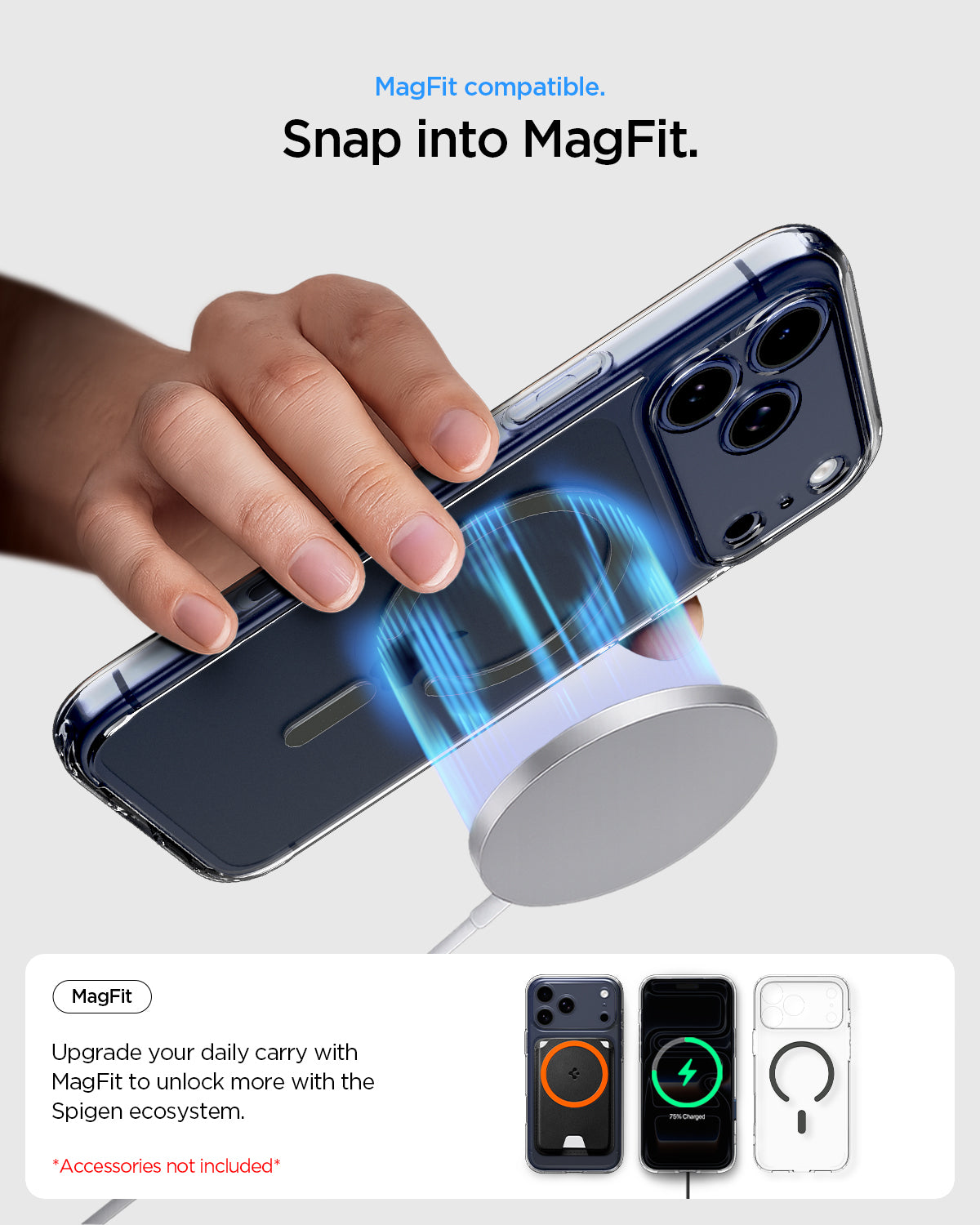 ACS10036 - iPhone 17 Pro Max Ultra Hybrid (MagFit) in Clear Graphite showing magfit compatible. snap into magfit.