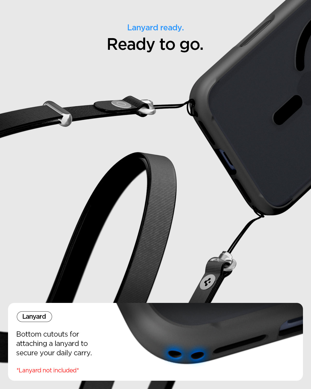ACS10069 - iPhone 17 Pro Ultra Hybrid (MagFit) in Frost Black showing lanyard ready. ready to go, lanyard, bottom cutout for attaching a lanyard to secure your daily carry. lanyard not included