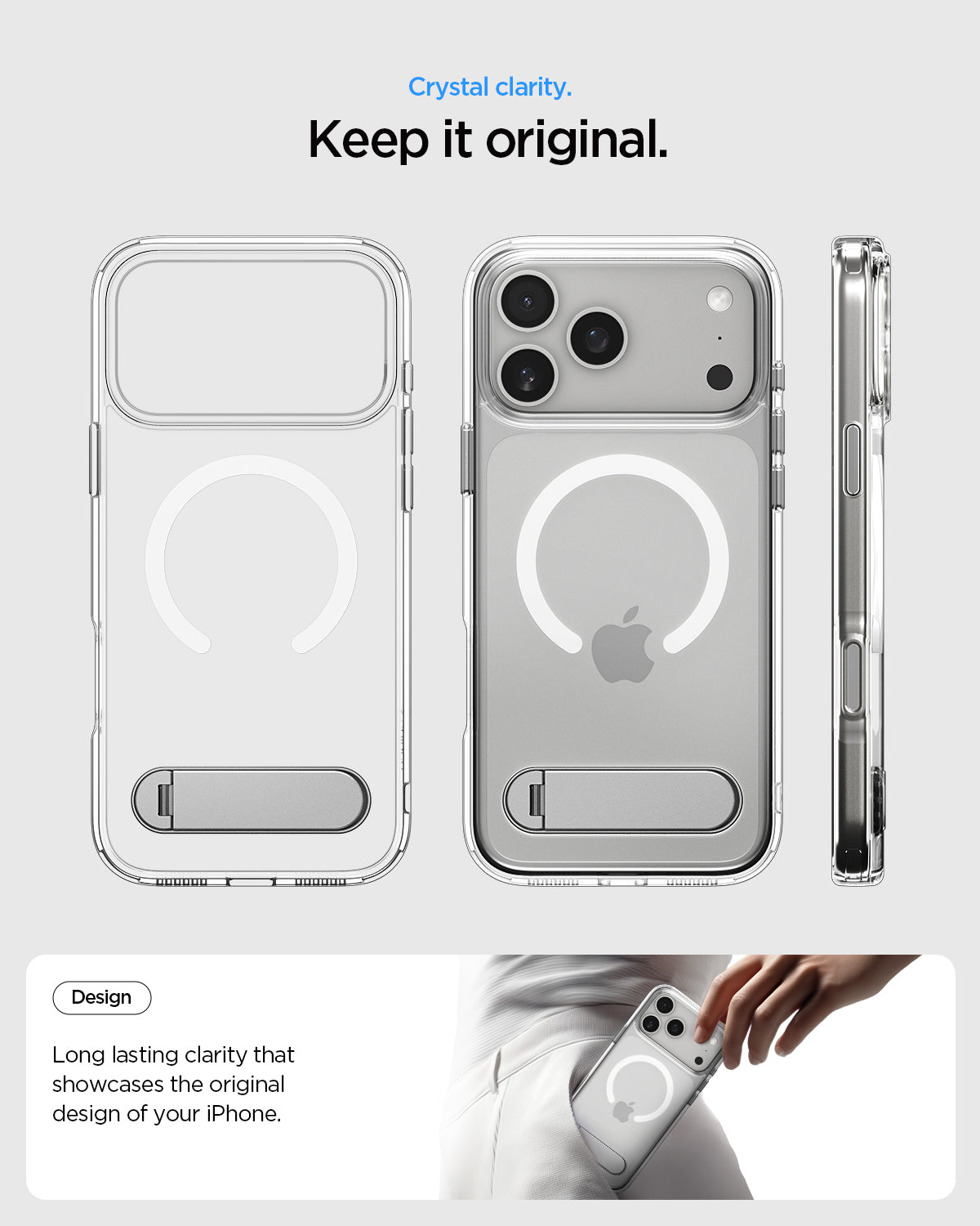 ACS12005 - iPhone 18 Pro / iPhone 17 Pro Slim Armor Essential S (Mag Fit) showing the transparent design, magnetic ring, kickstand, and slim side profile.