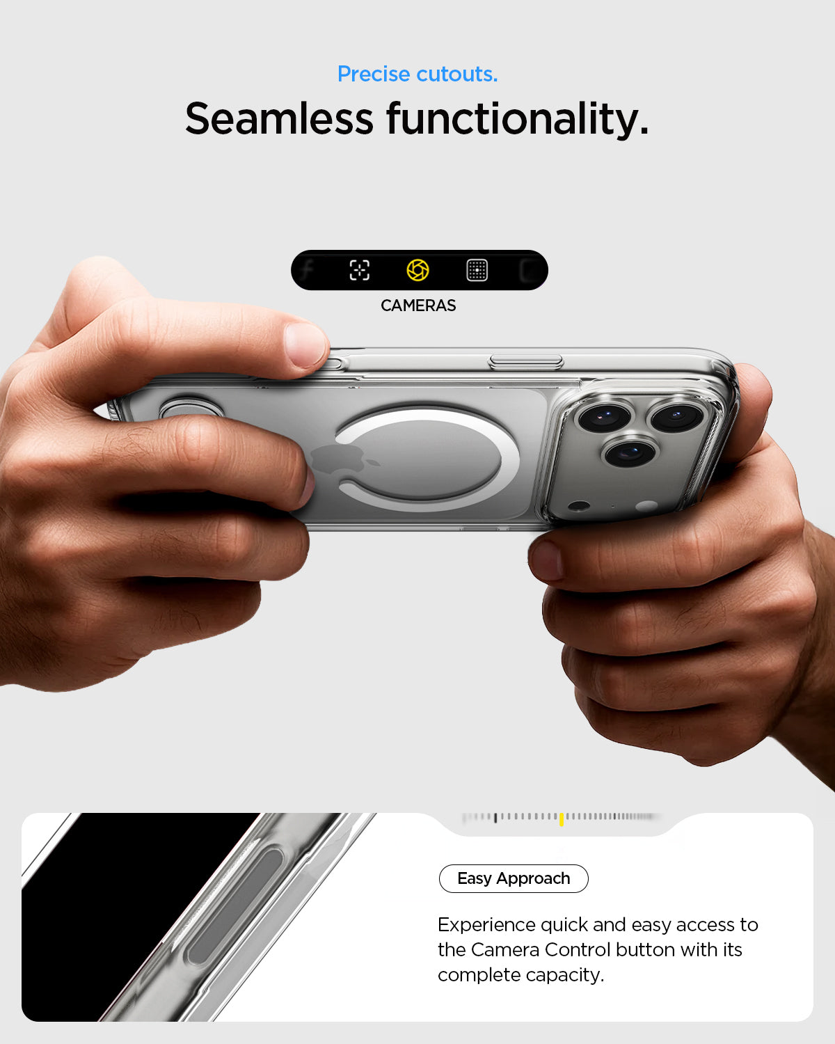 ACS09946 - iPhone 17 Pro Case Ultra Hybrid S (MagFit) showing the precise cutouts. Seamless functionality. Easy approach and experience quick and easy access to the camera control button with its complete capacity