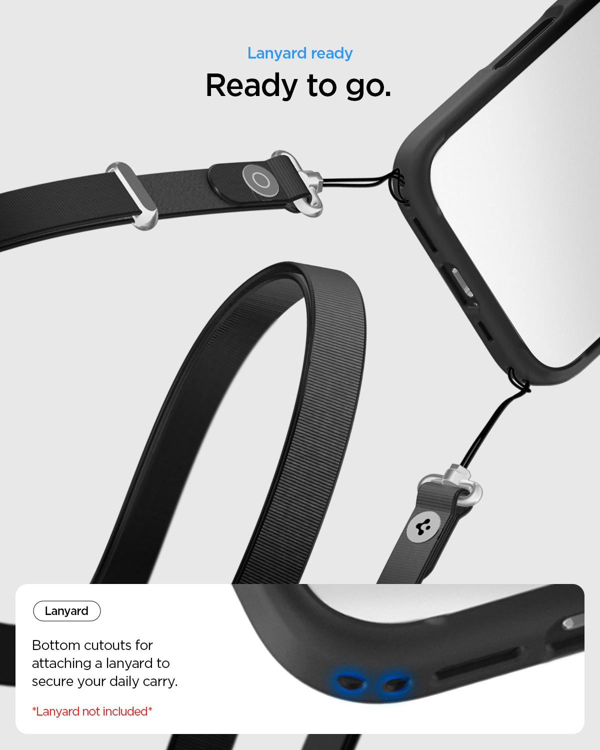 ACS10081 - iPhone 17 Ultra Hybrid in Matte Black showing lanyard ready. ready to go. bottom cutouts for attaching a lanyard to secure your daily carry