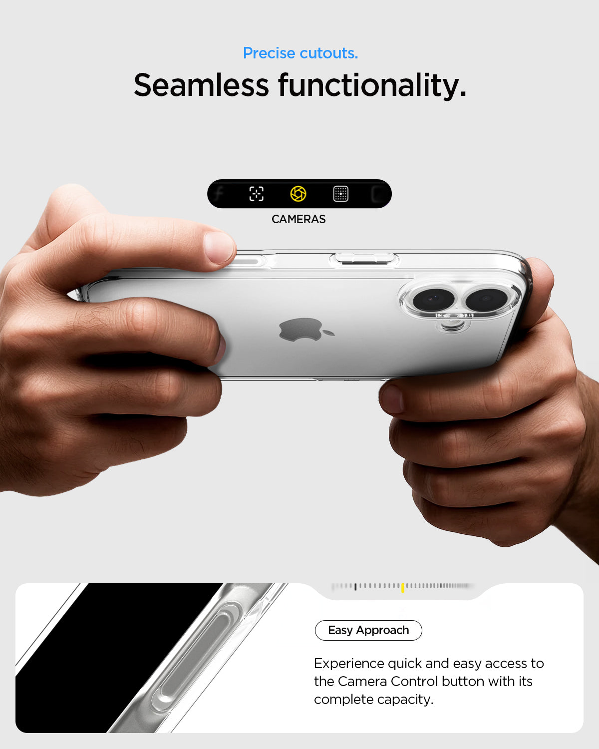 ACS10080 - iPhone 17 Ultra Hybrid in Crystal Clear showing precise cutouts. Seamless functionality. Easy approach. Experience quick and easy access to the camera control button with its complete capacity.