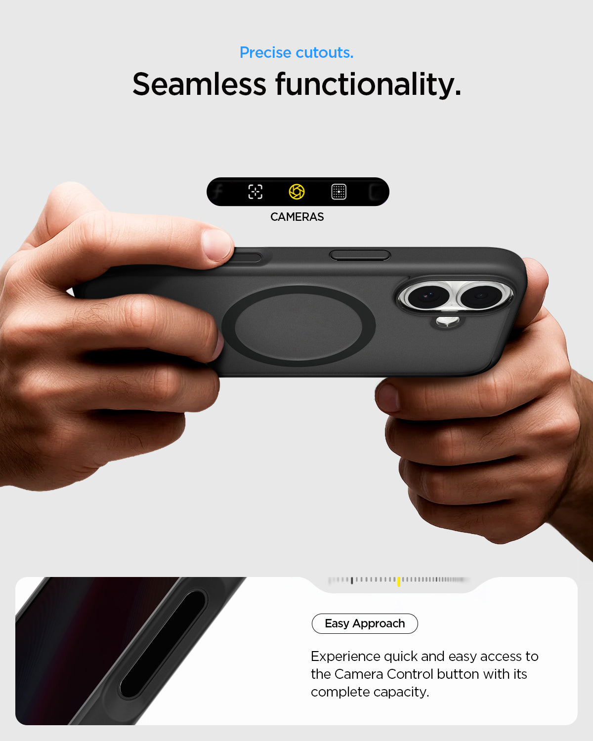 ACS10085 - iPhone 17 Ultra Hybrid (MagFit) in Frost Black showing precise cutouts. seamless functionality. easy approach. experience quick and easy access to the camera control button with its complete capacity.