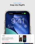 ACS10082 - iPhone 17 Ultra Hybrid (MagFit) in Clear White showing magfit compatible. snap into magfit. upgrade your daily carry with magfit to unlock more with the spigen ecosystem.