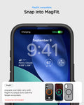 ACS10085 - iPhone 17 Ultra Hybrid (MagFit) in Frost Black showing magfit compatible. snap into magfit. upgrade your daily carry with magfit to unlock more with the spigen ecosystem.