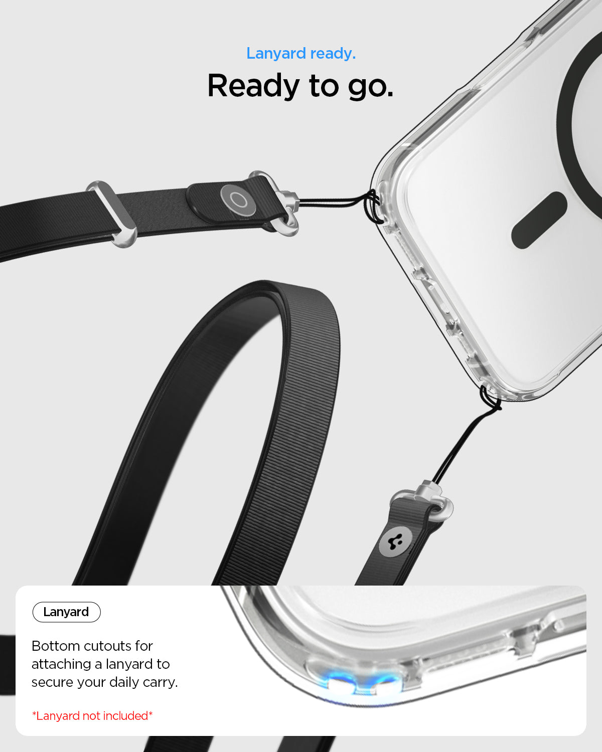 ACS10083 - iPhone 17 Ultra Hybrid (MagFit) in Clear Graphite showing  lanyard ready to go. bottom cutouts for attaching a lanyard to secure our daily carry