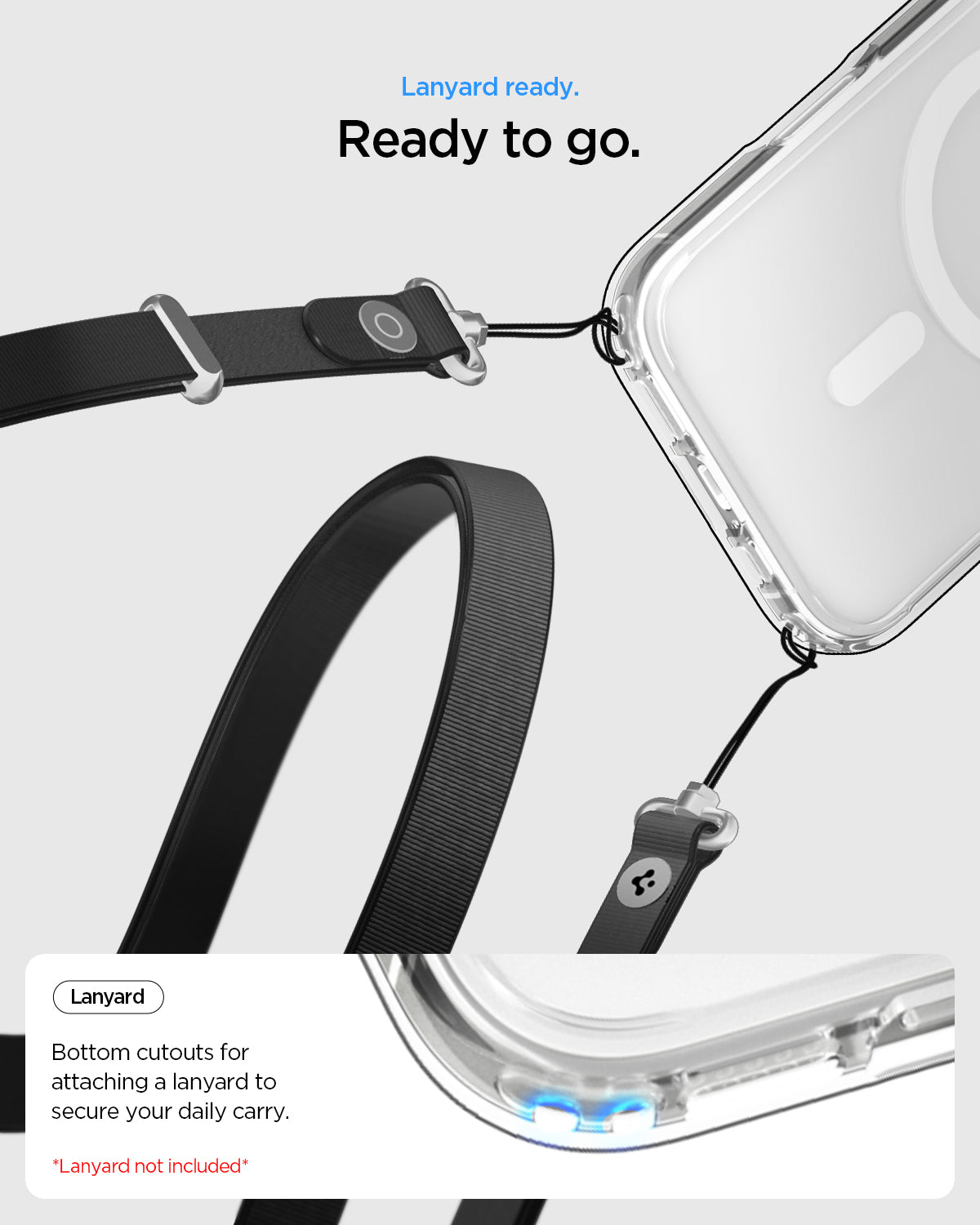ACS10082 - iPhone 17 Ultra Hybrid (MagFit) in Clear White showing lanyard ready to go. bottom cutouts for attaching a lanyard to secure our daily carry
