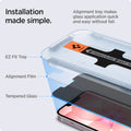 AGL03388 - iPhone 17e Screen Protector EZ FIT GLAS.tR Privacy showing how the installation made simple. Alignment tray makes glass application quick and easy without fail. Parts: EZ Fit Tray, Alignment Film and Tempered Glass