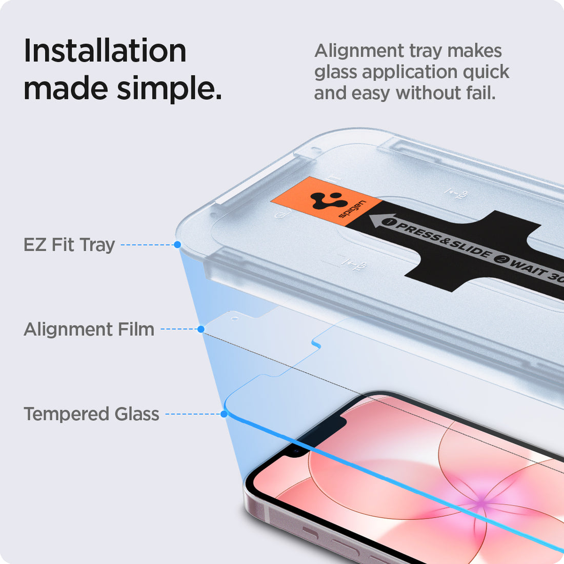 AGL03385 - iPhone 17e Series - GLAS.tR EZ Fit showing how the installation made simple. Alignment tray makes glass application quick and easy without fail. Parts: EZ Fit Tray, Alignment Film and Tempered Glass